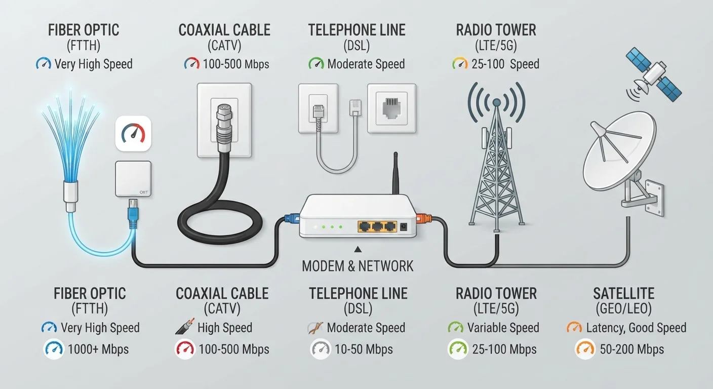 Home Internet Service Types Explained: Fiber, Cable, DSL, Fixed Wireless, and Satellite